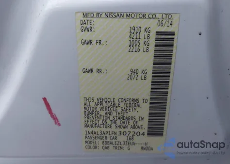 2015 Nissan Altima 2.5 S from USA, damaged, VIN 1N4AL3AP1FN307204